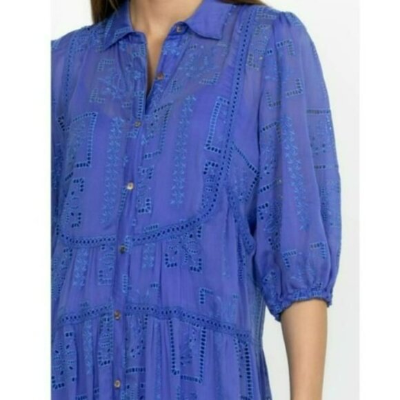Johnny Was Sadie Embroidered Midi Shirtdress S Blue Eyelet Floral Button Up Boho - Picture 12 of 13